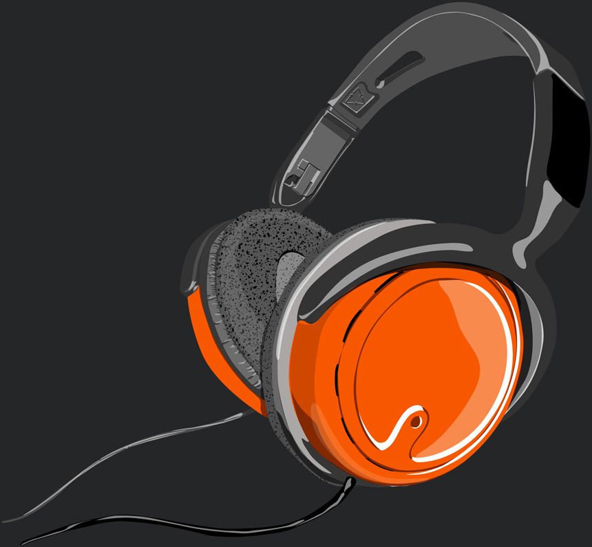 Drawing of black headset with orange cover on the earphones Drawing of black headset with orange cover on the earphones